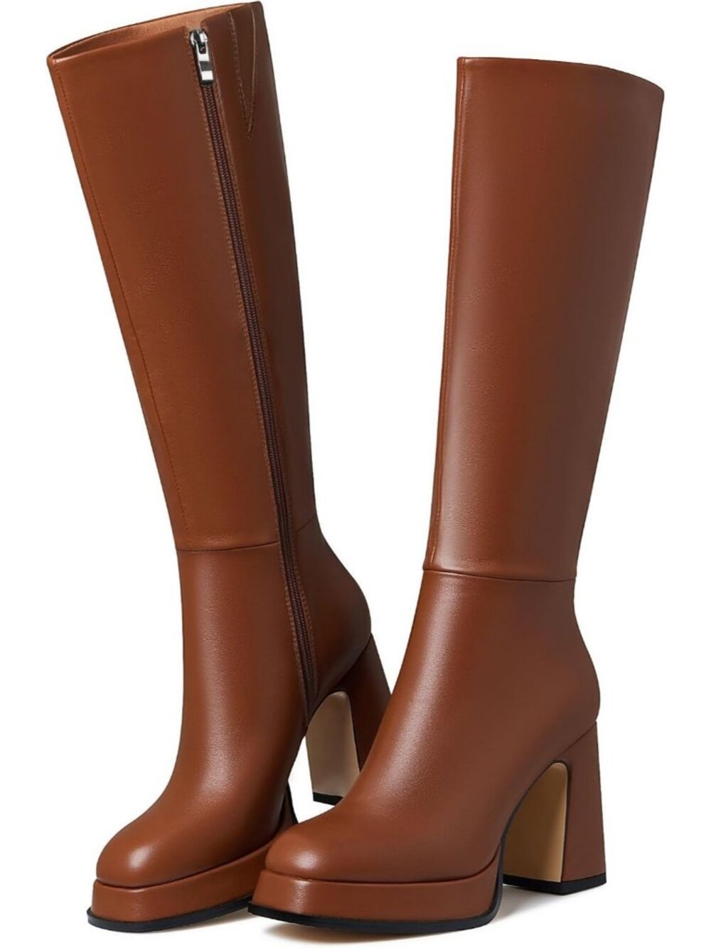 Women's Brown Tall Fall Chunky Side Zipper Wide Calf Square Toe Knee High Boots